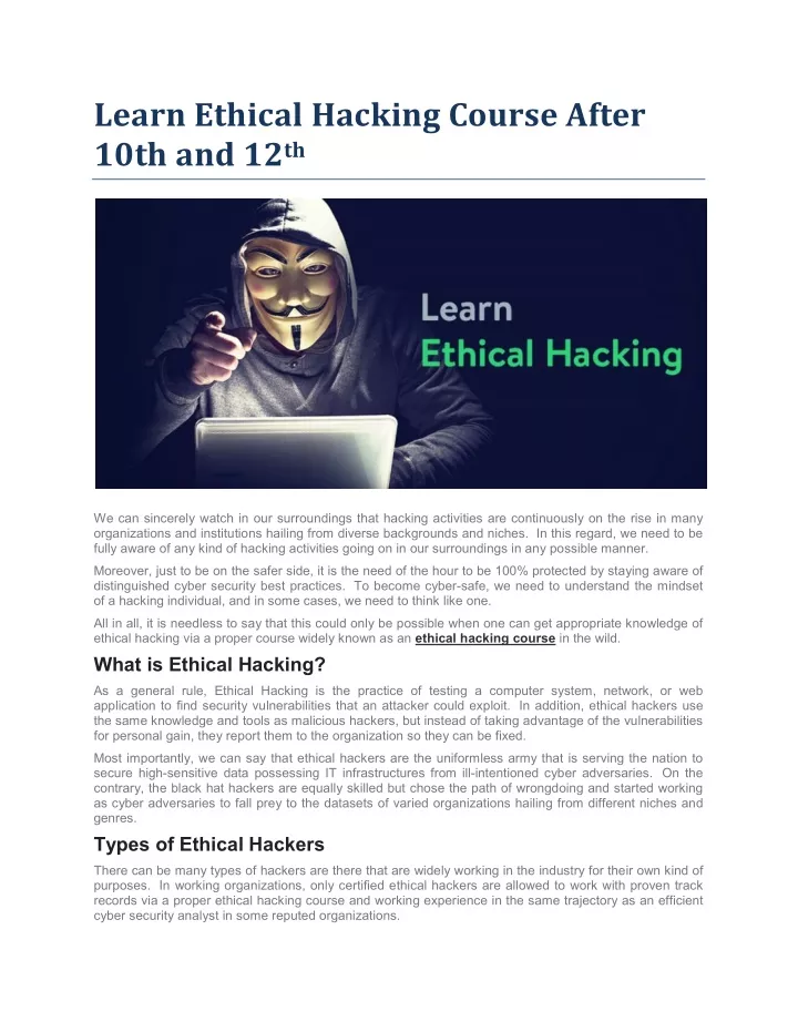 learn ethical hacking course after 10th and 12 th
