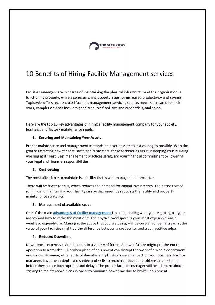 10 benefits of hiring facility management services