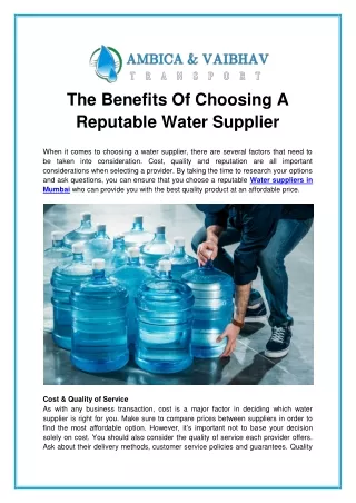 The Benefits Of Choosing A Reputable Water Supplier