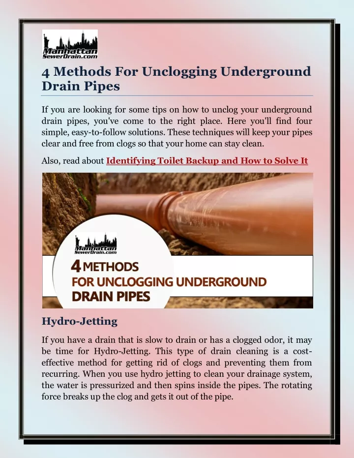 4 methods for unclogging underground drain pipes