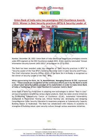 Union Bank of India wins two prestigious DSCI Excellence Awards  2022