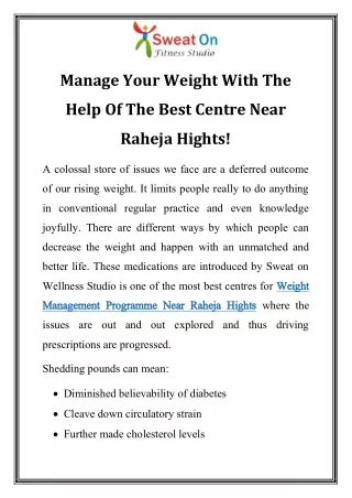 Weight Management Programme Near Raheja Hights Call-9870275704