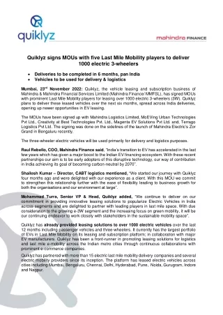 Quiklyz signs MOUs with five Last Mile Mobility players to deliver 1000 electric 3-wheelers