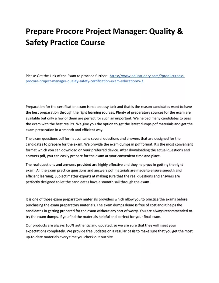 prepare procore project manager quality safety