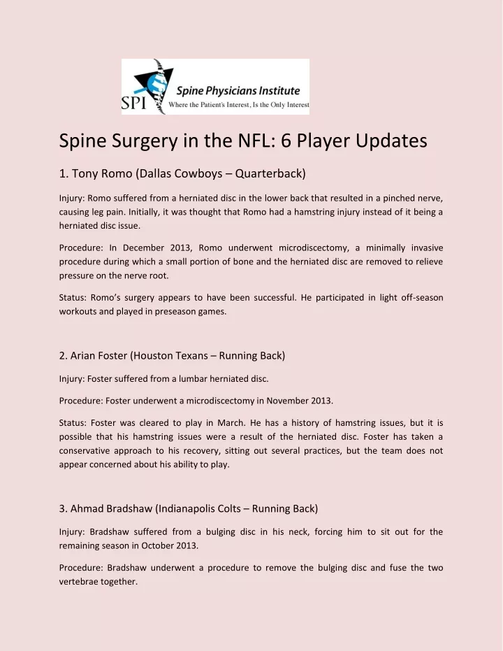 spine surgery in the nfl 6 player updates