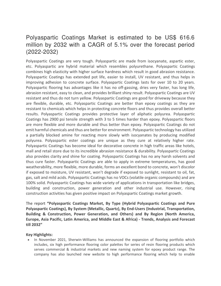 polyaspartic coatings market is estimated