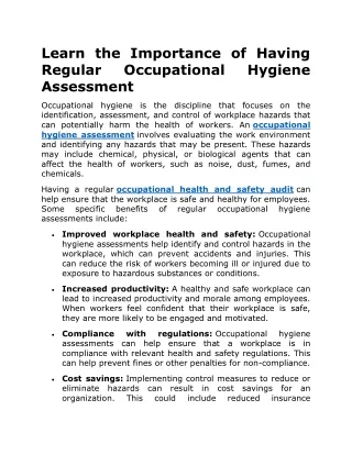 Learn the Importance of Having Regular Occupational Hygiene Assessment