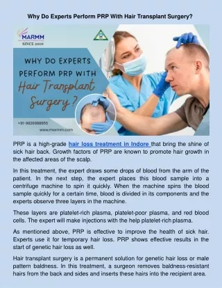 Why Do Experts Perform PRP With Hair Transplant Surgery