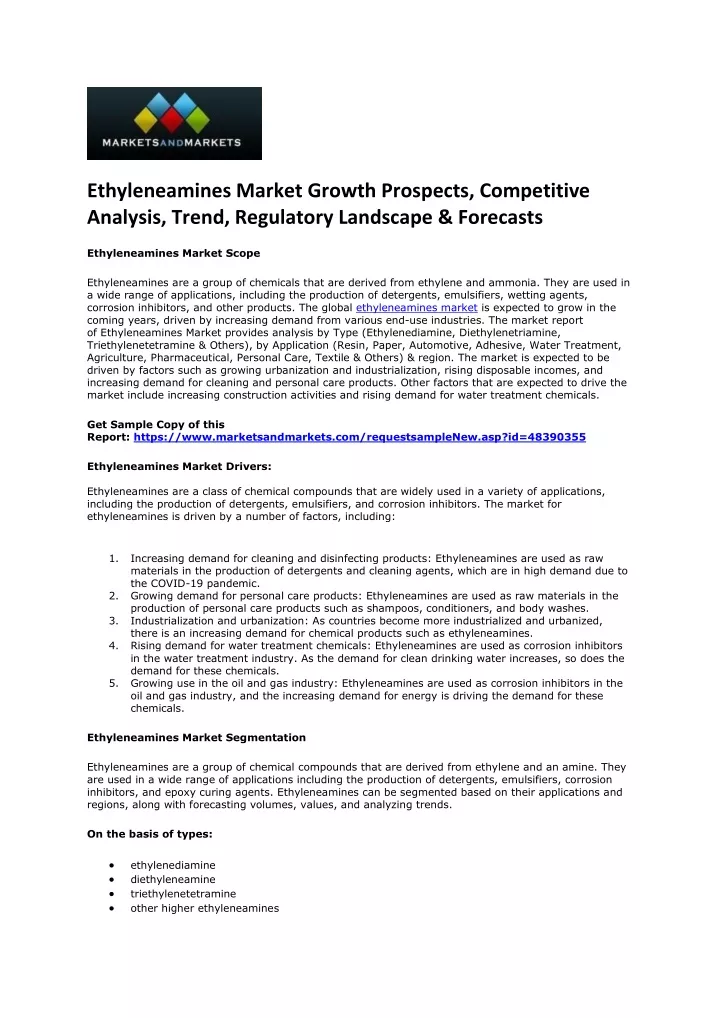 ethyleneamines market growth prospects