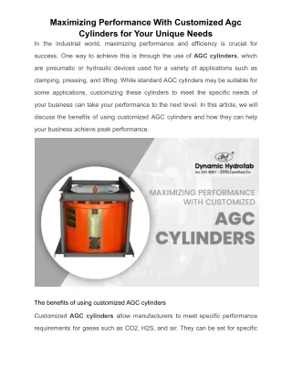 Maximizing Performance With Customized Agc Cylinders for Your Unique Needs