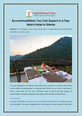 Accommodations You Can Expect in a Top-Notch Hotel in Shimla