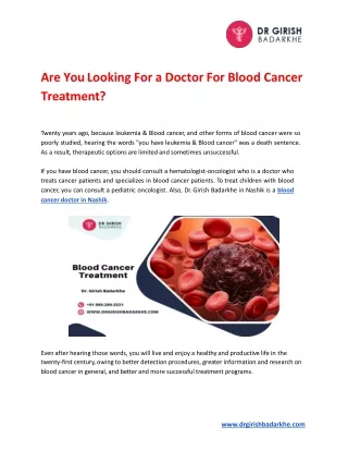 Are You Looking For a Doctor For Blood Cancer Treatment