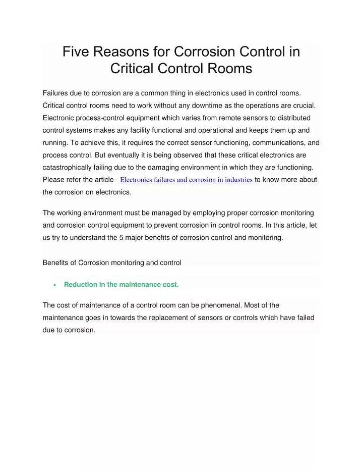 five reasons for corrosion control in critical