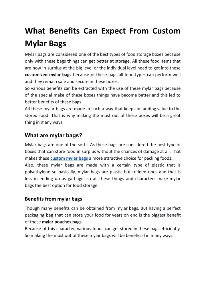 what benefits can expect from custom mylar bags