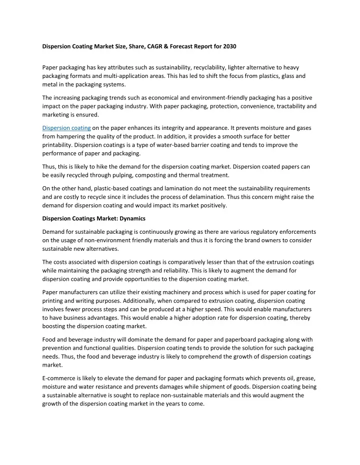 dispersion coating market size share cagr