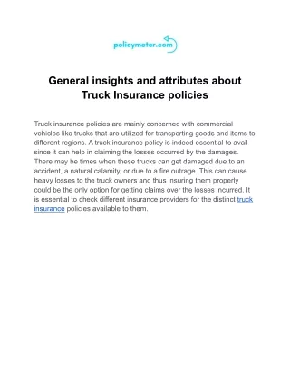 General insights and attributes about Truck Insurance policies
