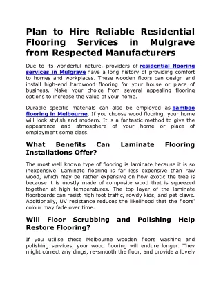 Plan to Hire Reliable Residential Flooring Services in Mulgrave from Respected Manufacturers