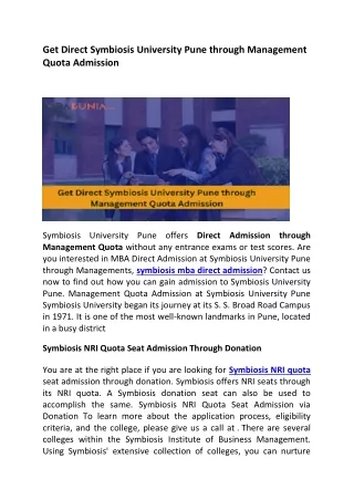 Get Direct Symbiosis University Pune through Management Quota Admission