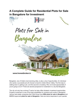 A Complete Guide for Residential Plots for Sale in Bangalore for Investment