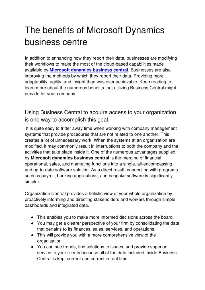 the benefits of microsoft dynamics business centre