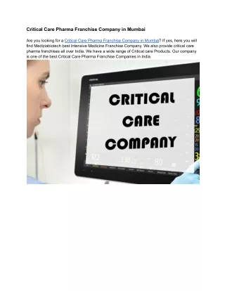 Critical Care Pharma Franchise Company in Mumbai