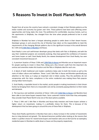 5 reasons to invest in dosti planet north
