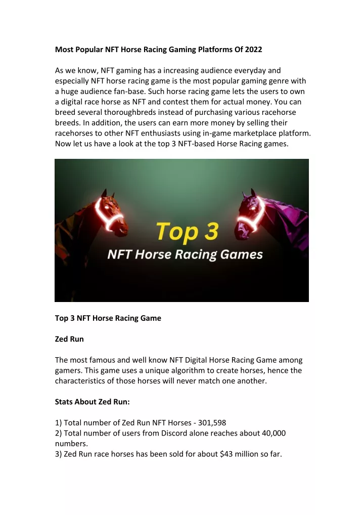 most popular nft horse racing gaming platforms