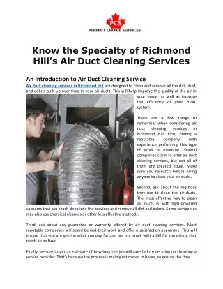 Know the Specialty of Richmond Hill's Air Duct Cleaning Services