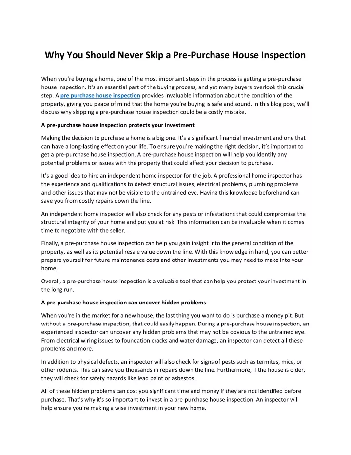 PPT - Why You Should Never Skip A Pre-Purchase House Inspection ...