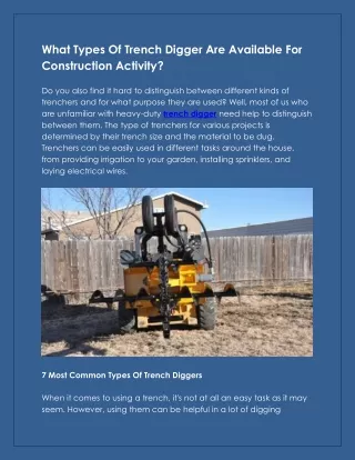 What Types Of Trench Digger Are Available For Construction Activity