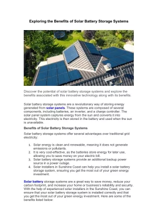 Exploring the Benefits of Solar Battery Storage System