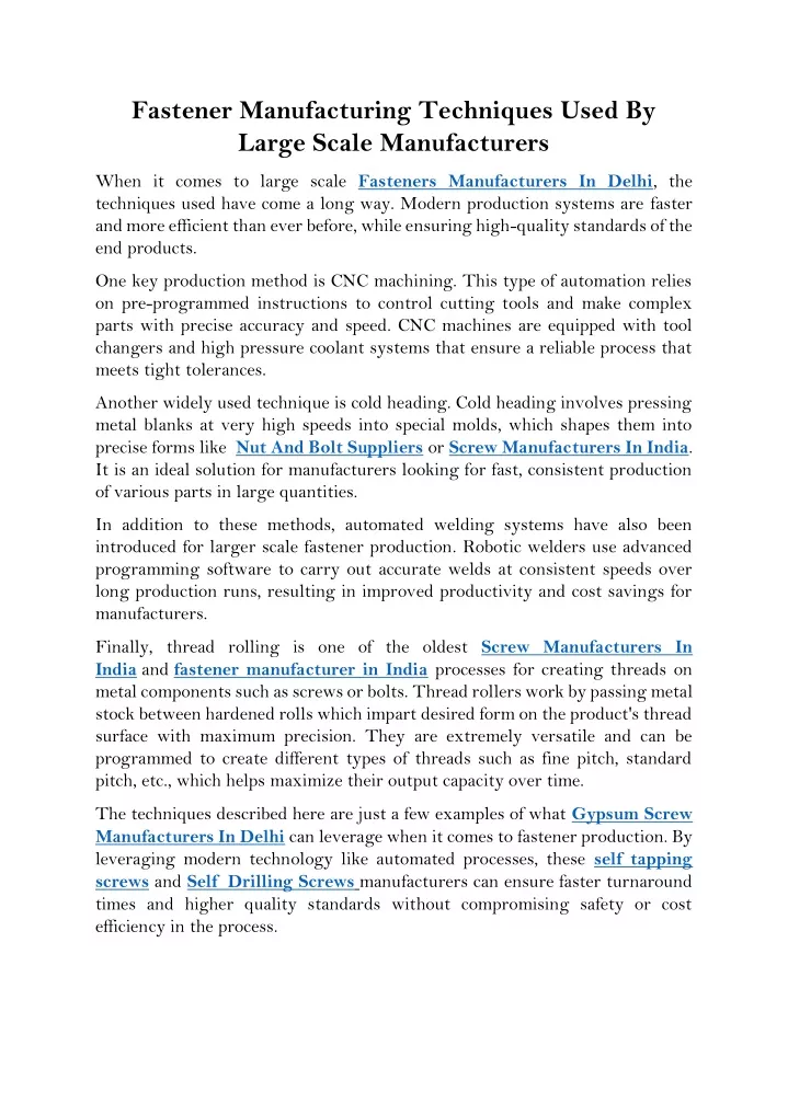 fastener manufacturing techniques used by large