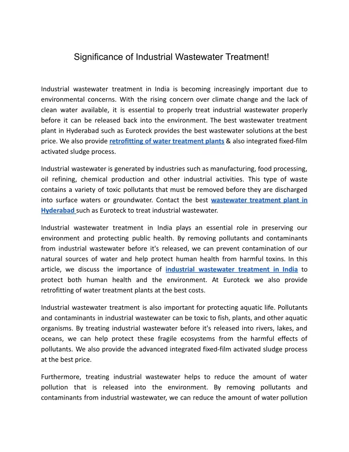 significance of industrial wastewater treatment