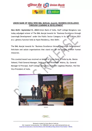 UNION BANK OF INDIA WINS BML MUNJAL Awards: BUSINESS EXCELLENCE THROUGH LEARNING