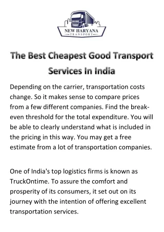 The Best Cheapest Good Transport Services In India
