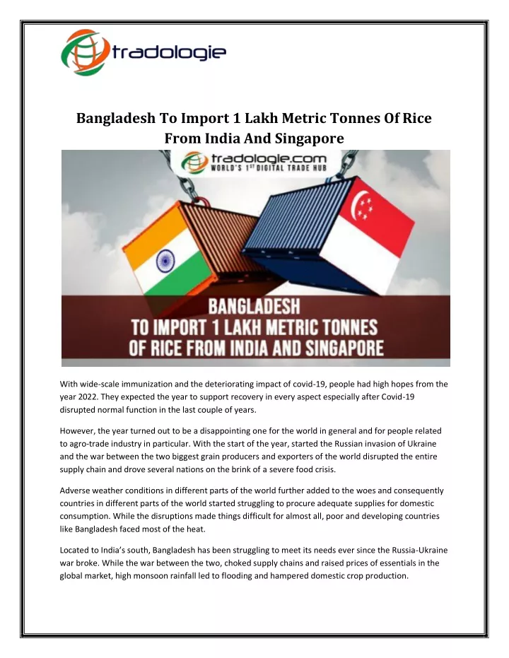 bangladesh to import 1 lakh metric tonnes of rice