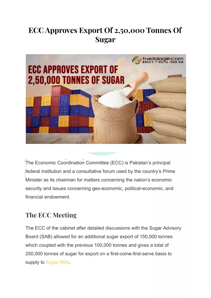 ecc approves export of 2 50 000 tonnes of sugar