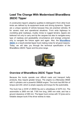Lead The Change With Modernised BharatBenz 2823C Tipper