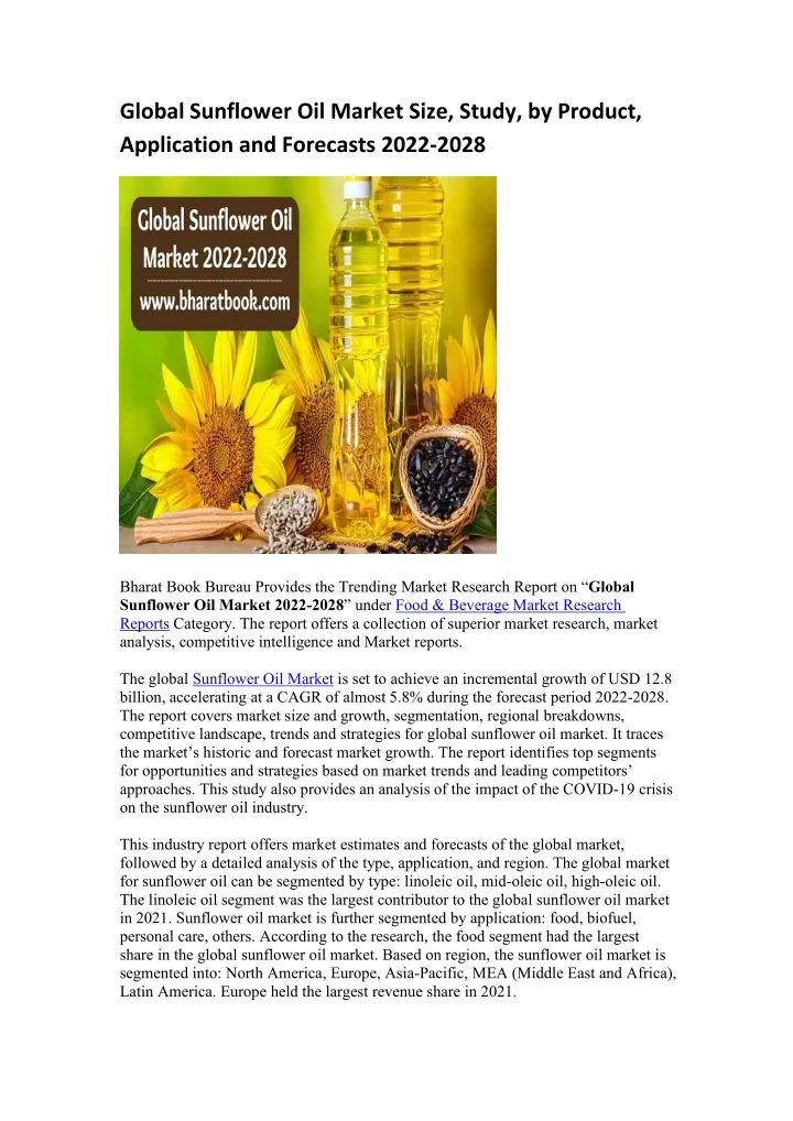 global sunflower oil market size study by product
