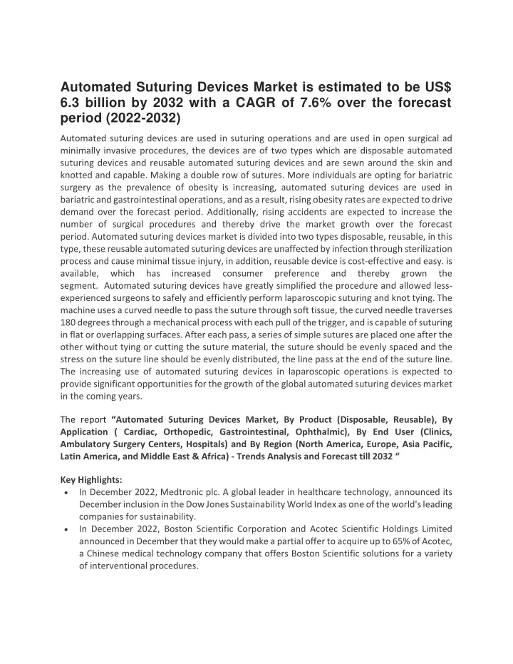 automated suturing devices market is estimated