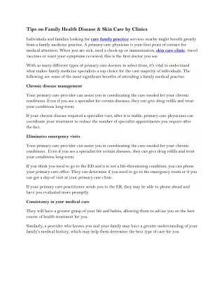 Tips on Family Health Disease & Skin Care by Clinics