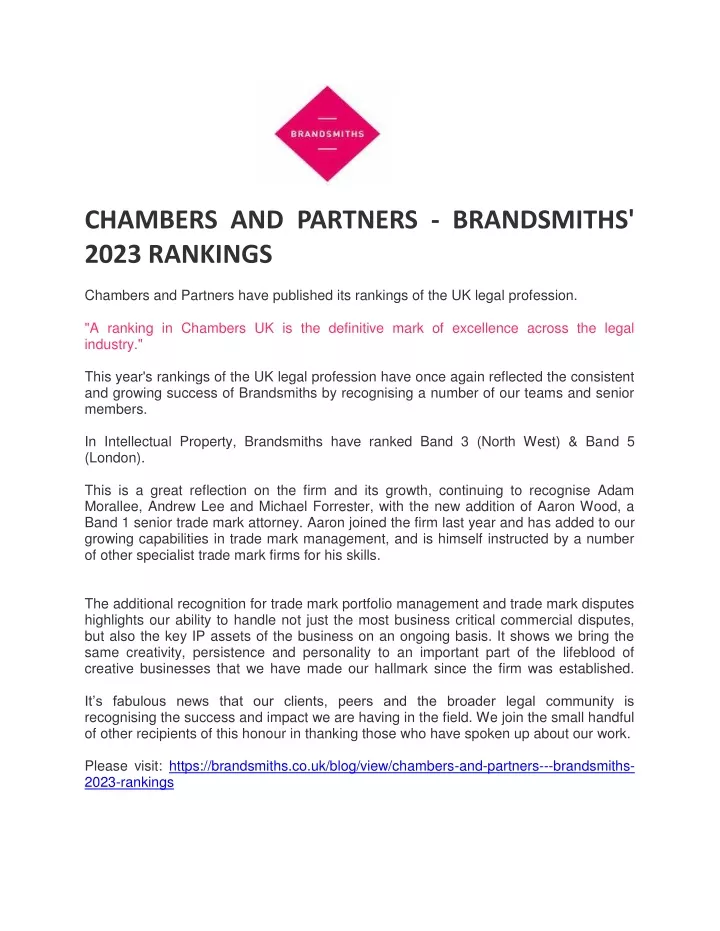 PPT CHAMBERS AND PARTNERS BRANDSMITHS' 2023 RANKINGS PowerPoint