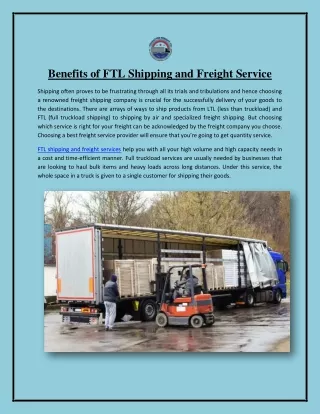 Benefits of FTL Shipping and Freight Service in California