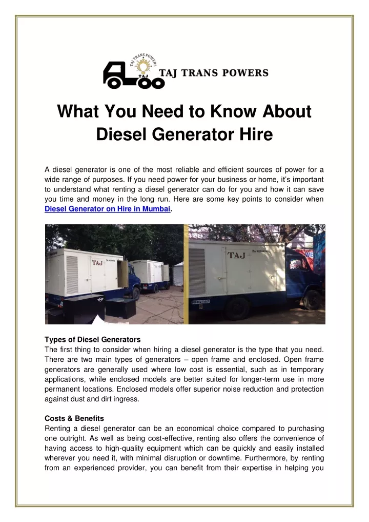 what you need to know about diesel generator hire