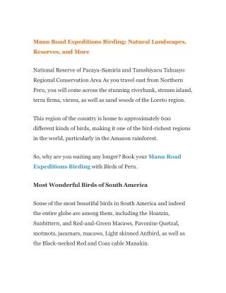 Manu Road Expeditions Birding: Natural Landscapes, Reserves, and More