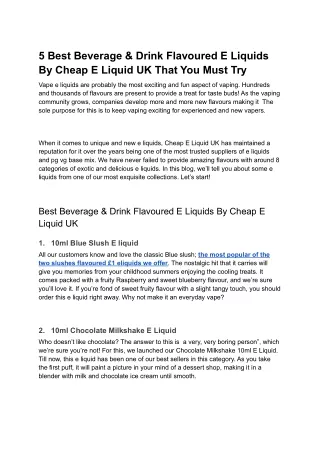 5 Best Beverage & Drink Flavoured E Liquids By Cheap E Liquid UK That You Must Try