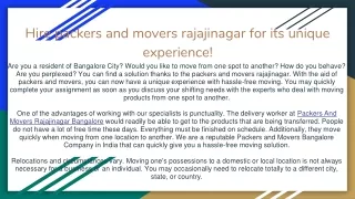 Hire packers and movers rajajinagar for its unique experience!