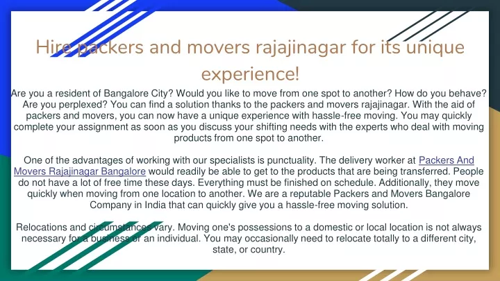 hire packers and movers rajajinagar for its unique experience