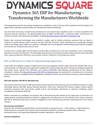 Dynamics 365 ERP for Manufacturing-Transforming the Manufacturers Worldwide