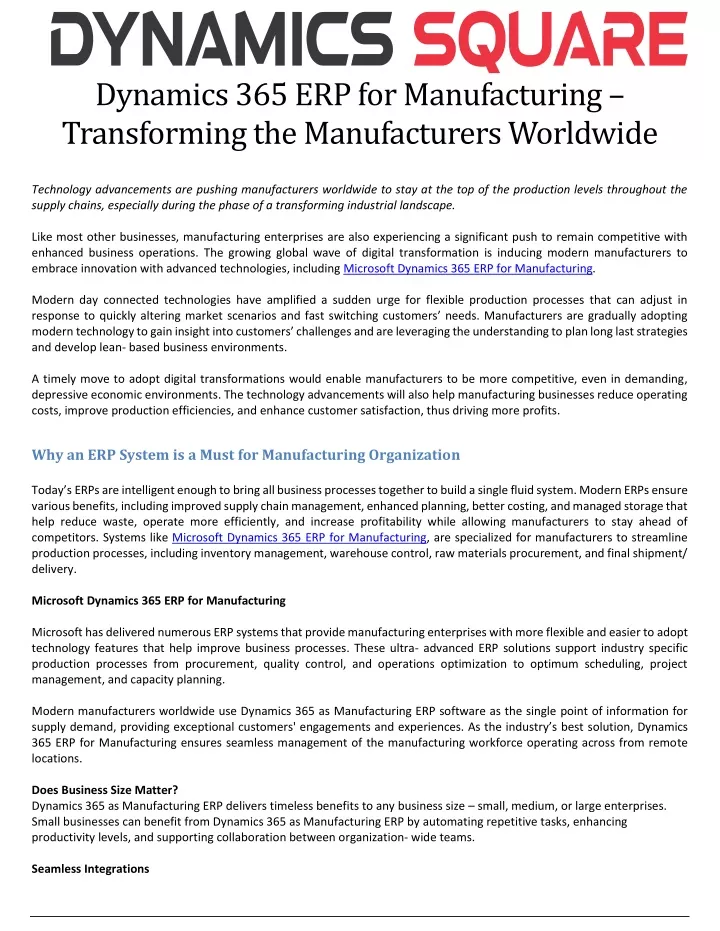 dynamics 365 erp for manufacturing transforming